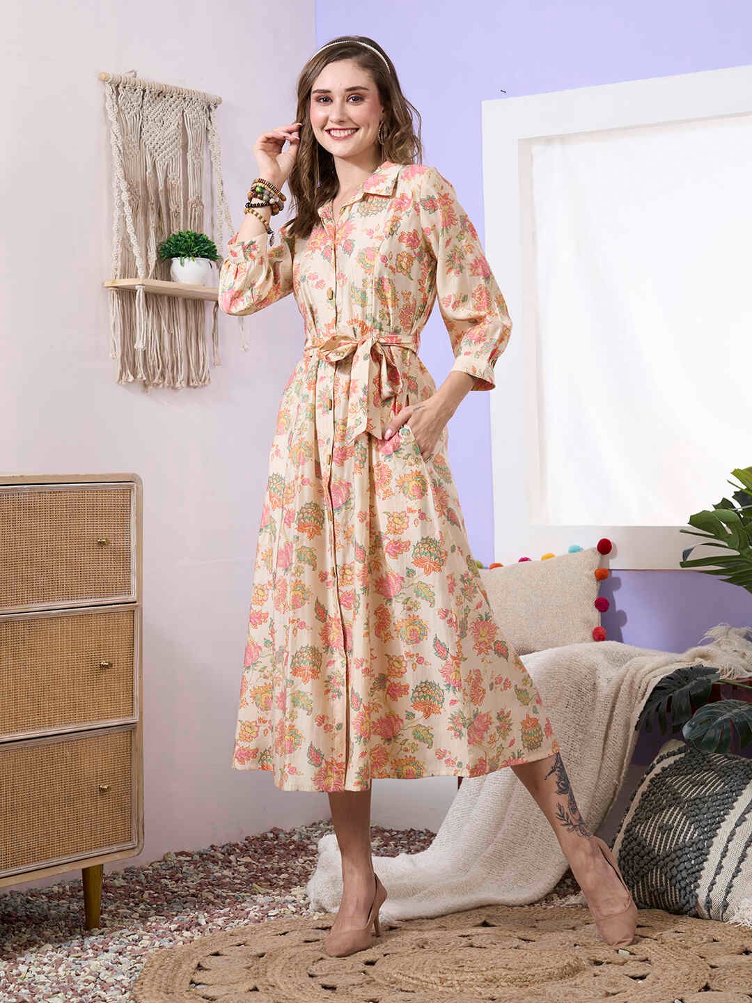 

ZOLA Beige Floral Printed Shirt Collar Belted Silk A-Line Midi Dress