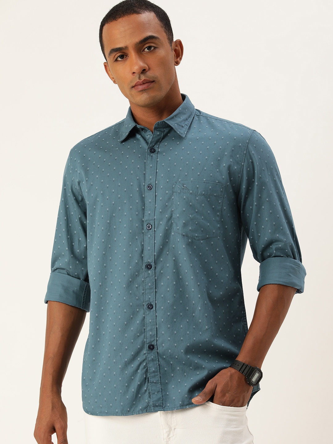 

Parx Slim Fit Ethnic Motifs Printed Pure Cotton Casual Shirt, Teal
