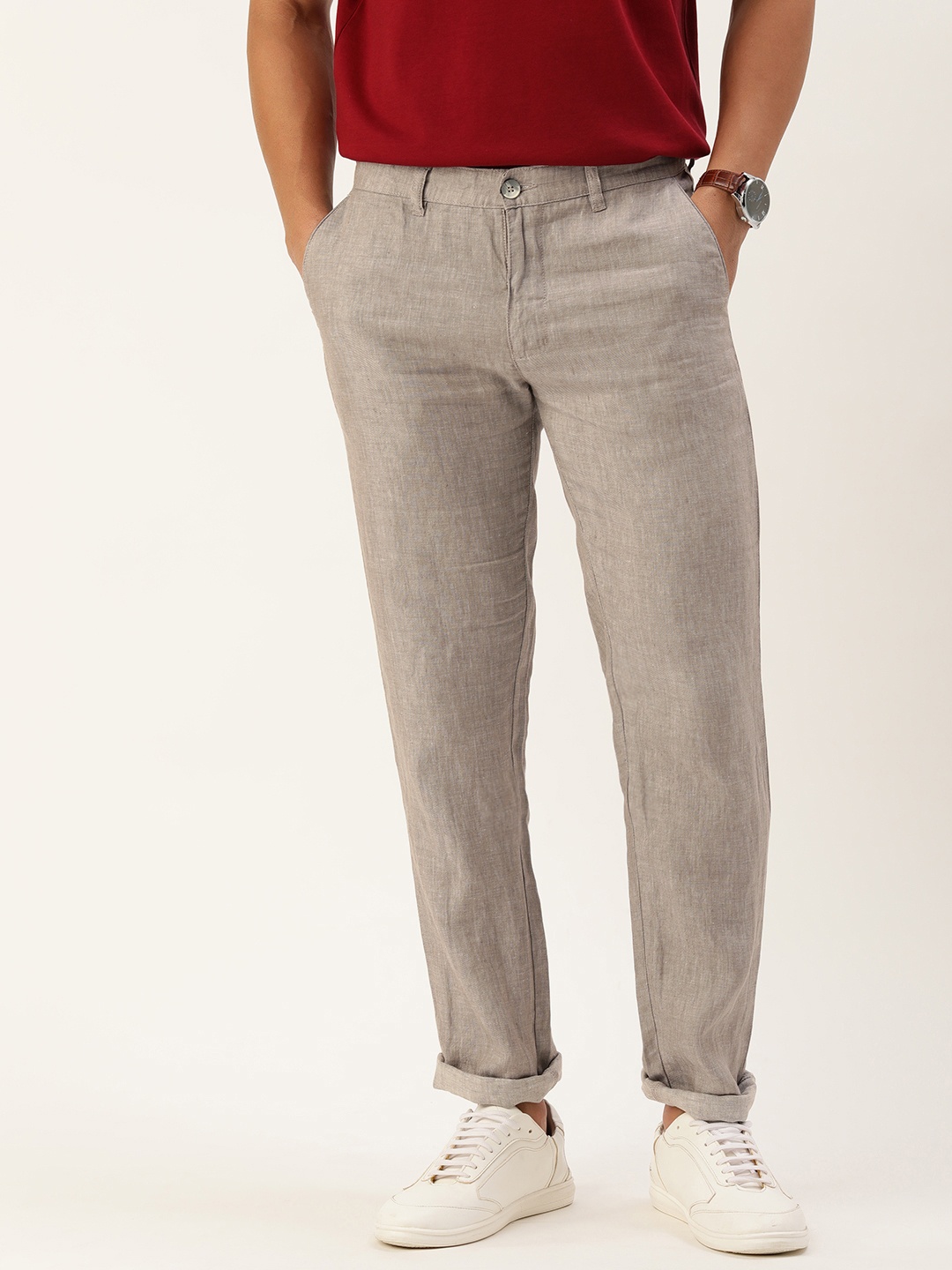 

Parx Men Textured Pure Linen Tapered Fit Chinos, Grey