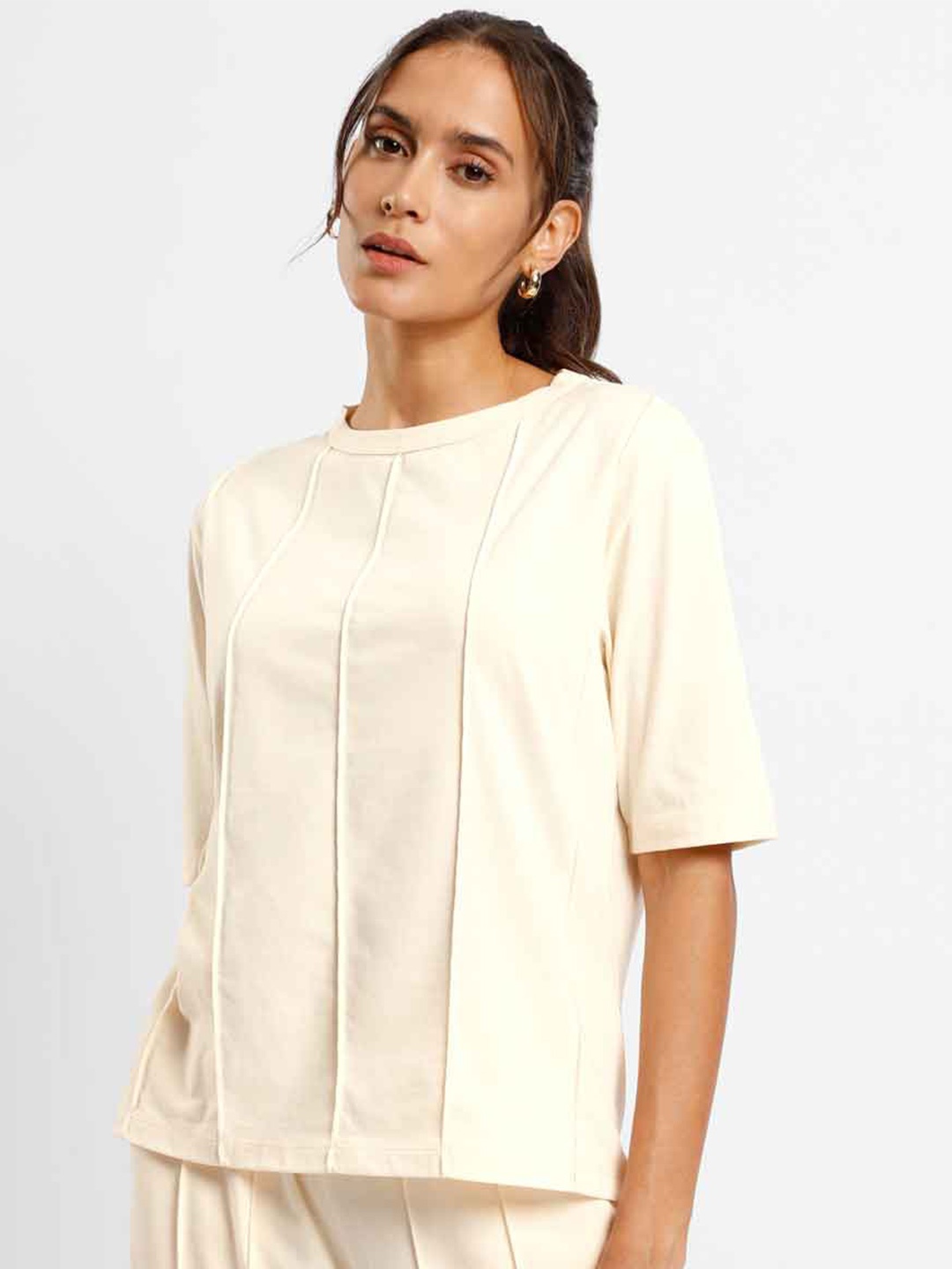 

NOBERO The Fashleisure Edit Pintuck Detail Round Neck T-shirt, Beige