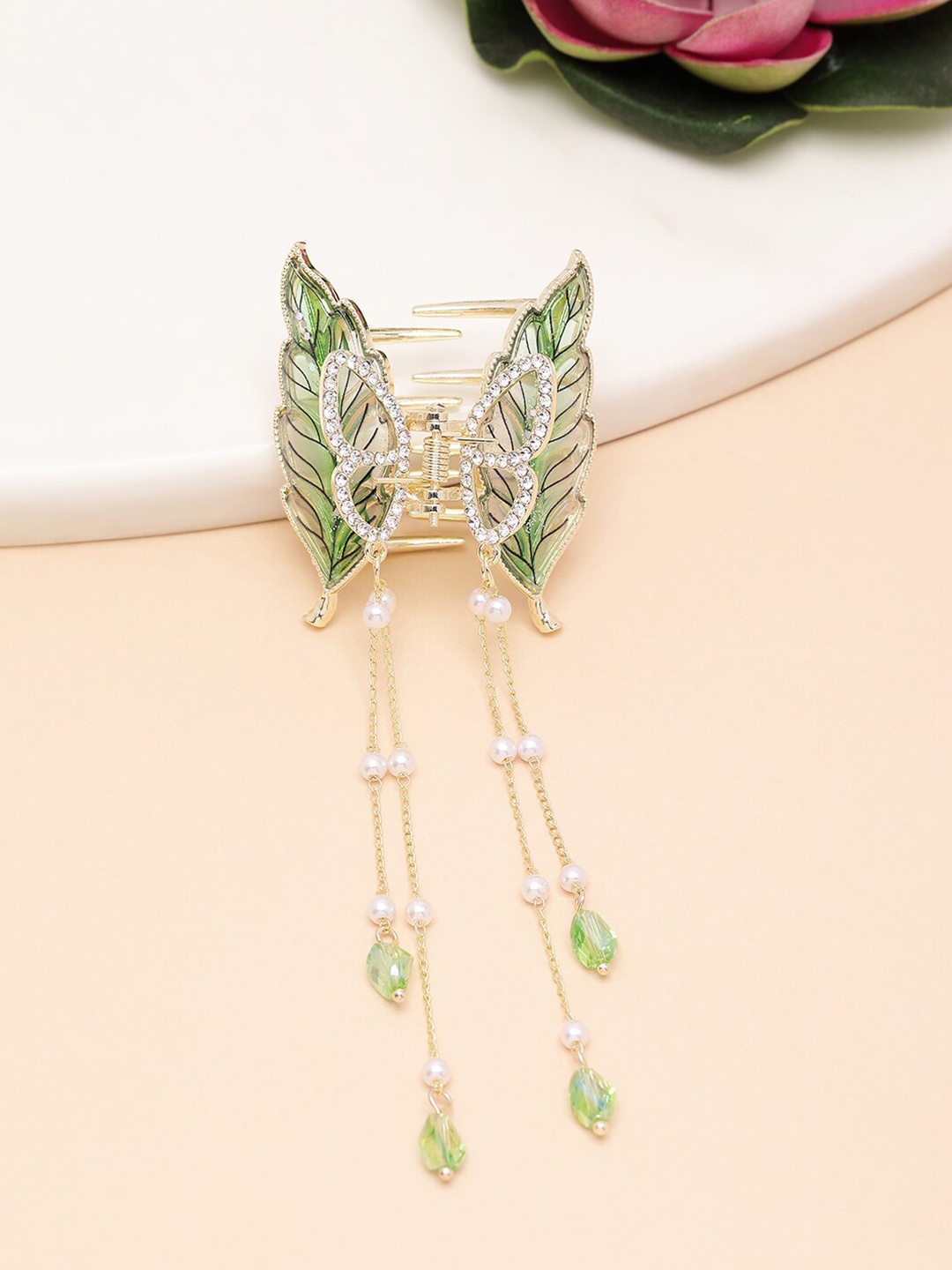 

PANASH Gold-Plated CZ-Stone Studded Leaf Shaped Claw Clip