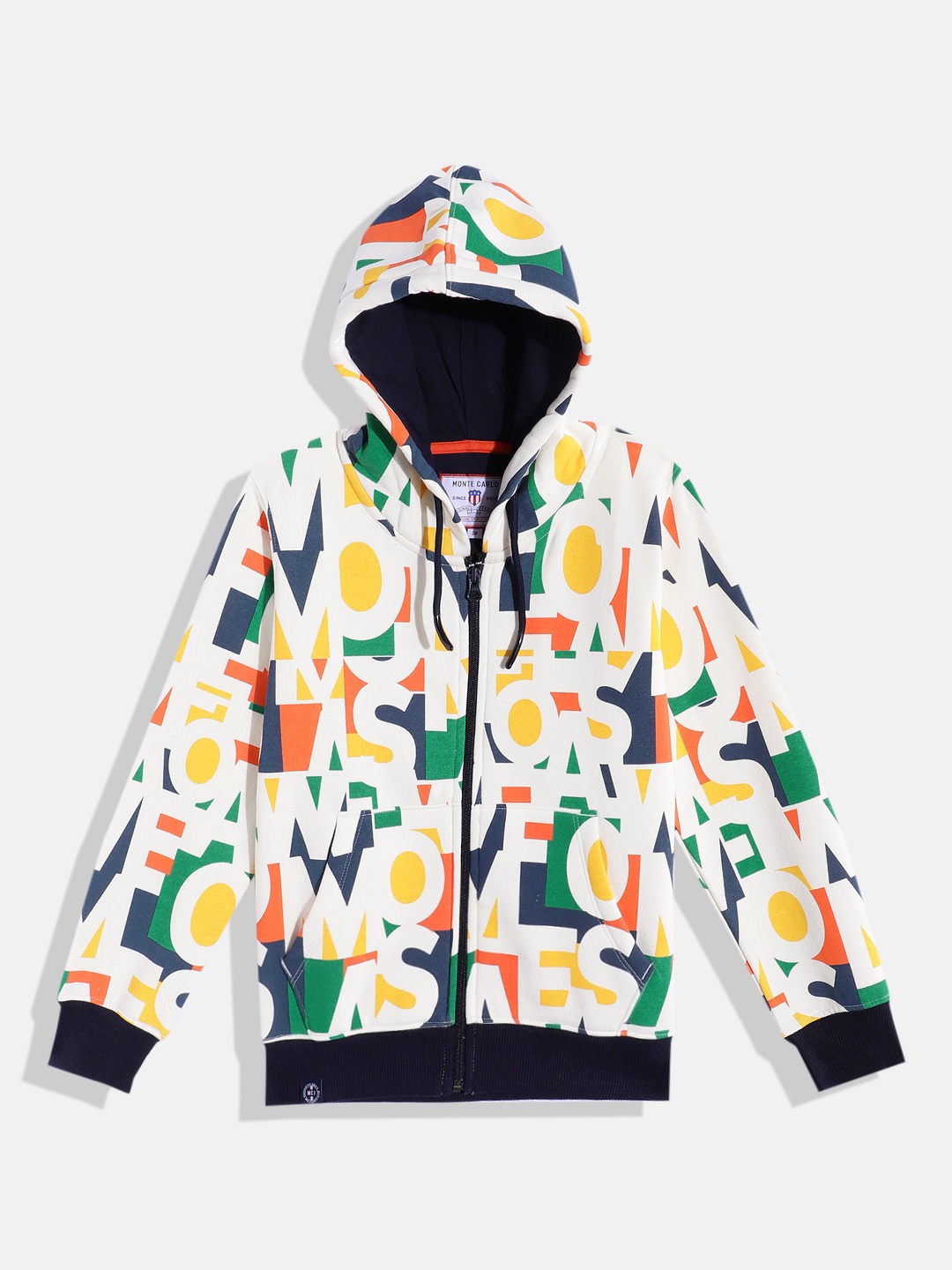 

Monte Carlo Boys Typography Printed Front-Open Hooded Sweatshirt, Off white