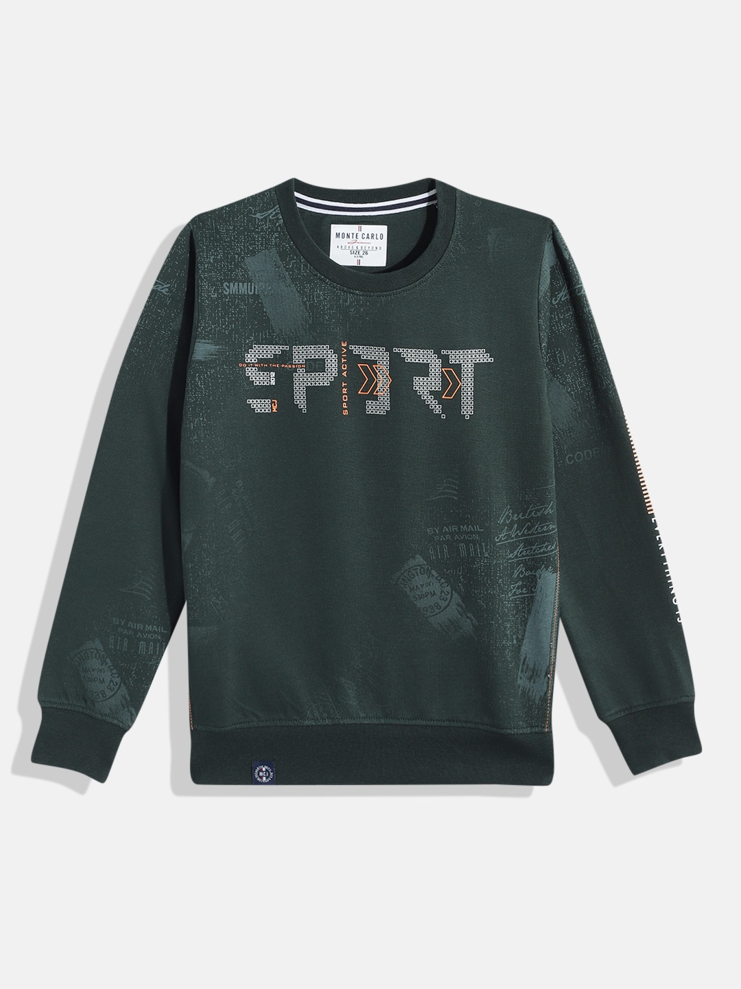 Monte Carlo Boys Pure Cotton Typography Printed Sweatshirt, Green