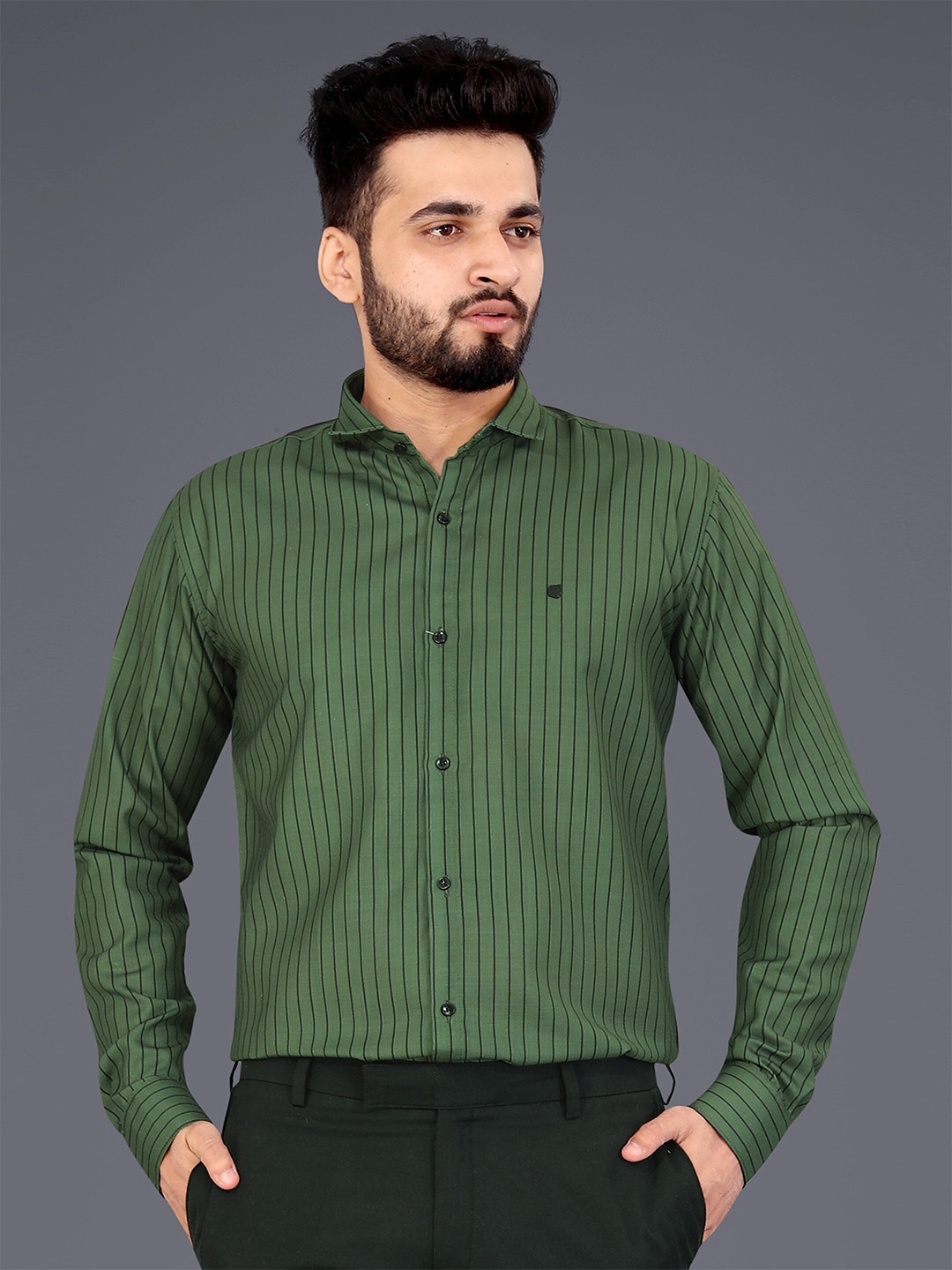 

GETCHI Premium Vertical Stripes Spread Collar Casual Shirt, Green