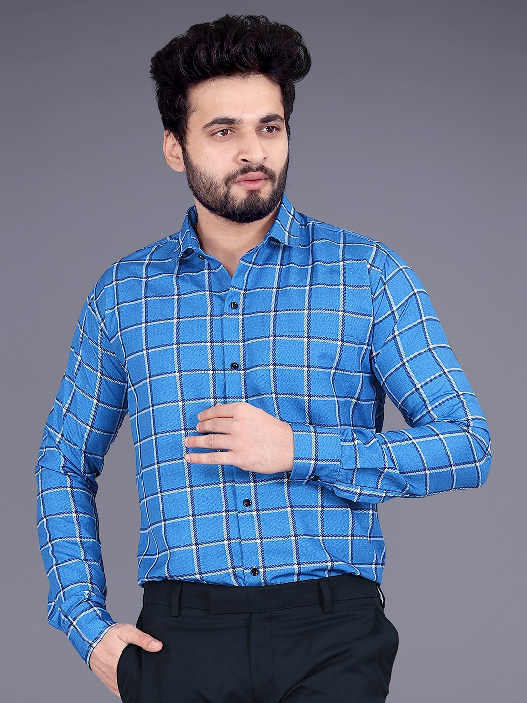 

GETCHI Premium Windowpane Checked Casual Shirt, Blue