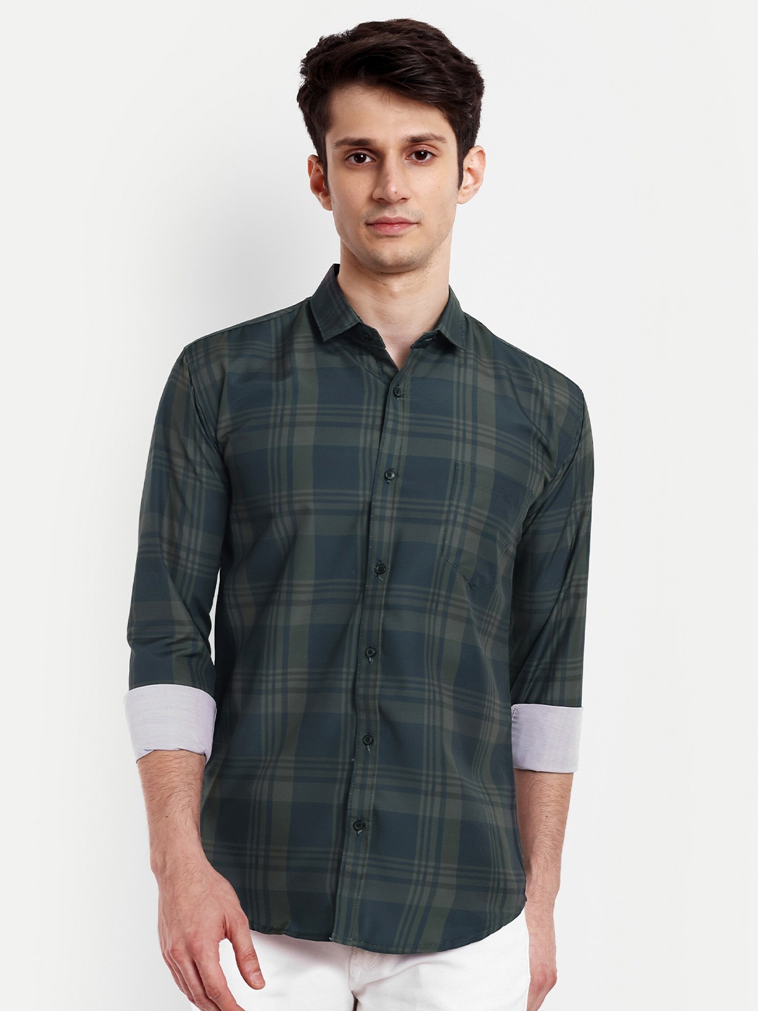 

GETCHI Premium Tartan Checked Spread Collar Casual Shirt, Grey