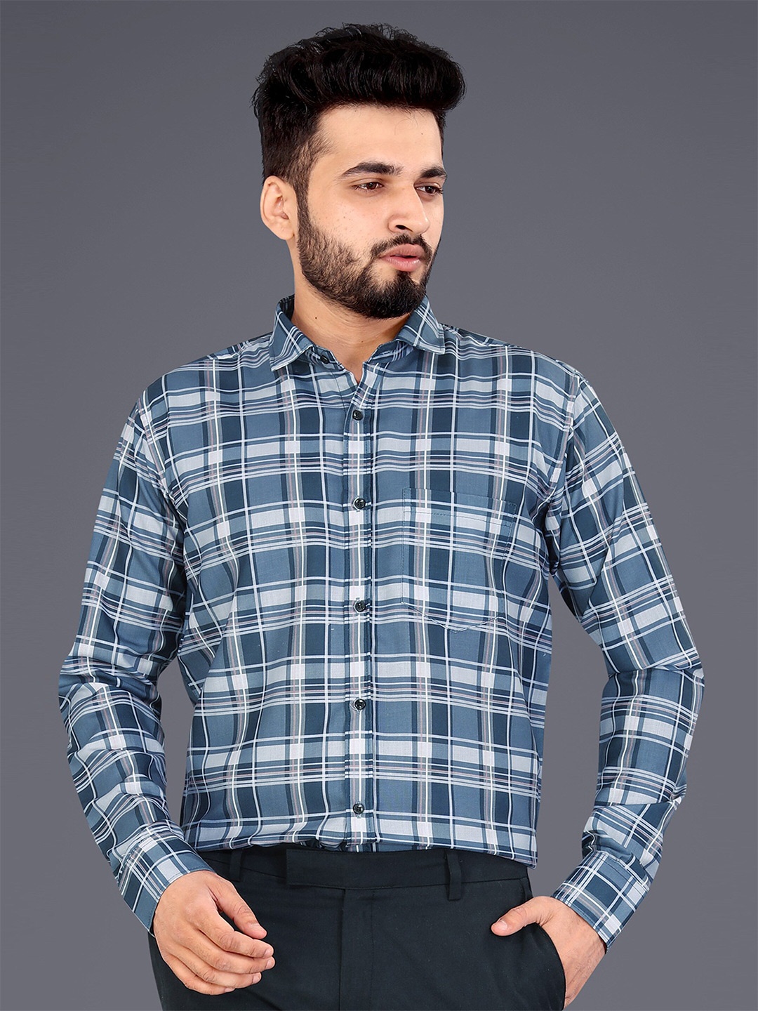 

GETCHI Premium Tartan Checked Spread Collar Casual Shirt, Grey