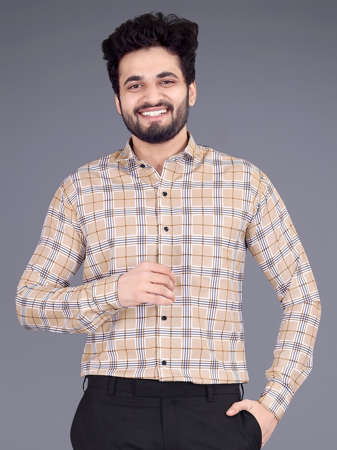 

GETCHI Premium Checked Cutaway Collar Formal Shirt, Beige