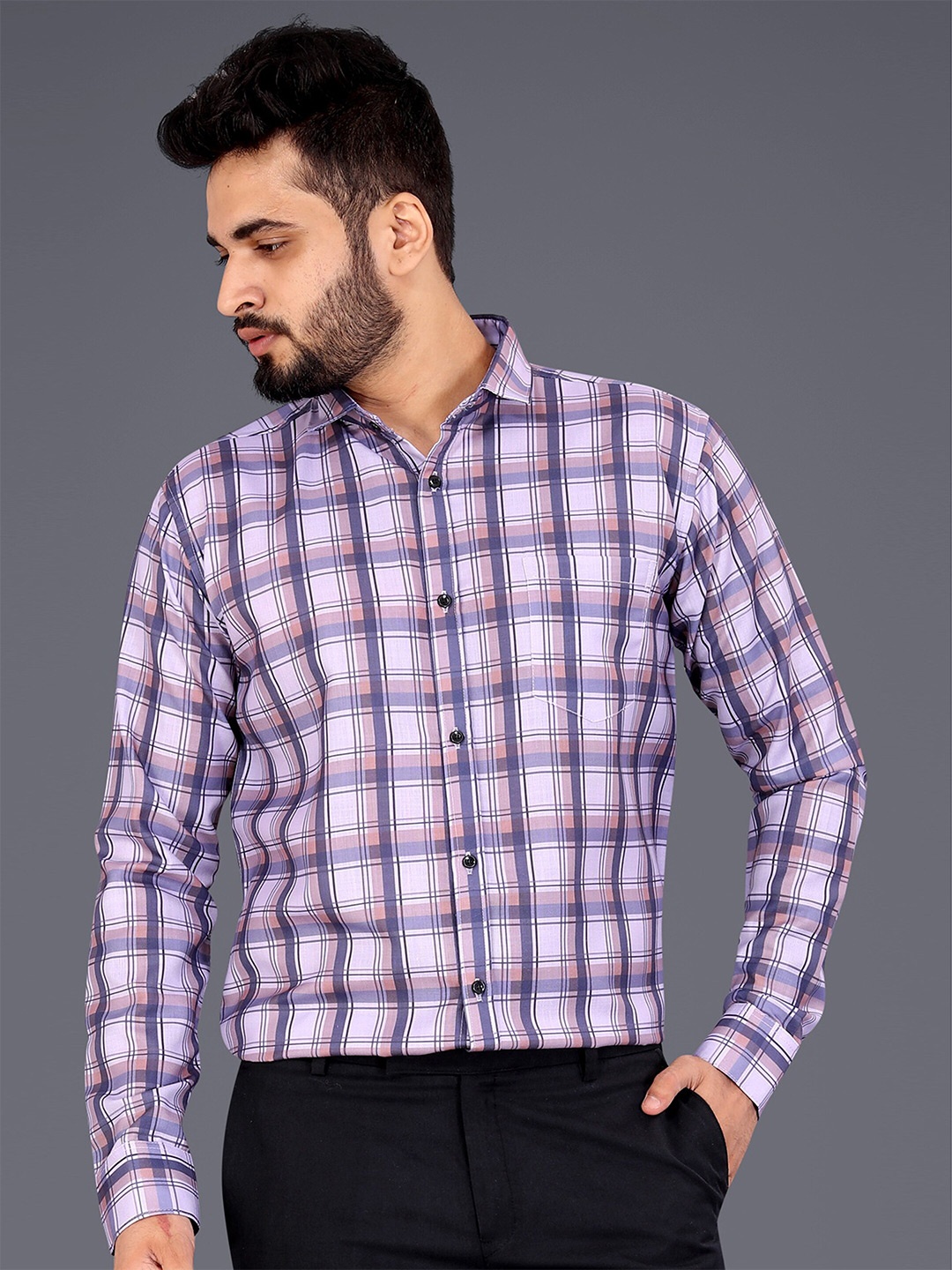 

GETCHI Checked Cutaway Collar Premium Casual Shirt, Purple