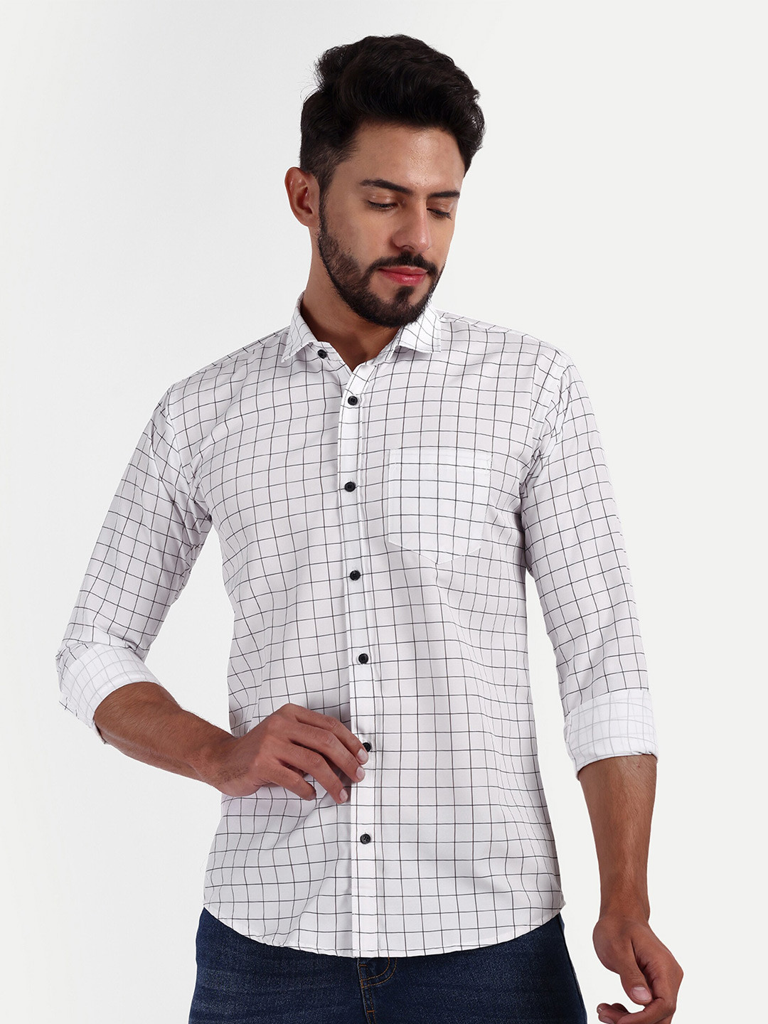 

GETCHI Grid Tattersall Checks Premium Casual Shirt, White