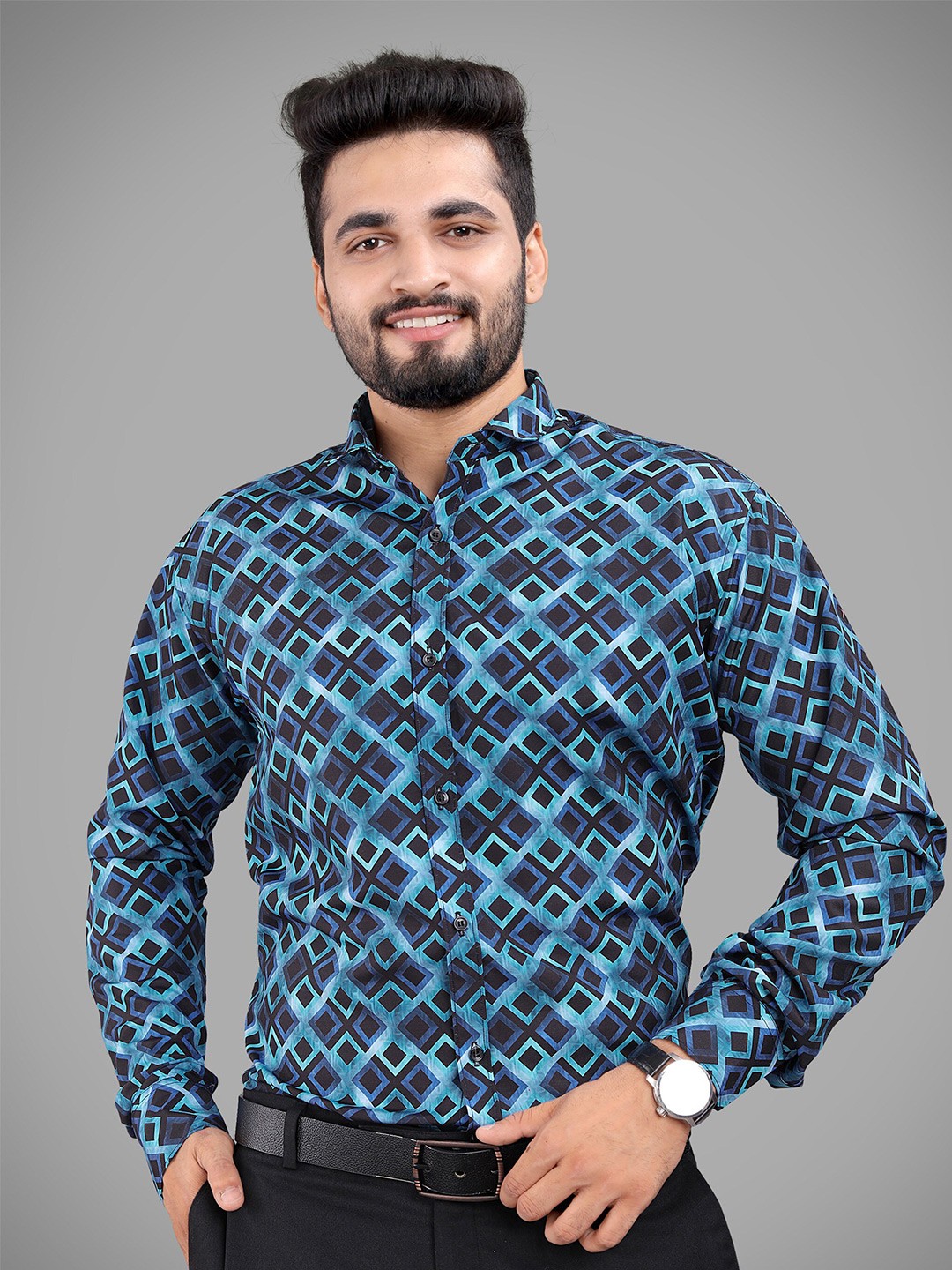 

GETCHI Premium Geometric Printed Formal Shirt, Blue
