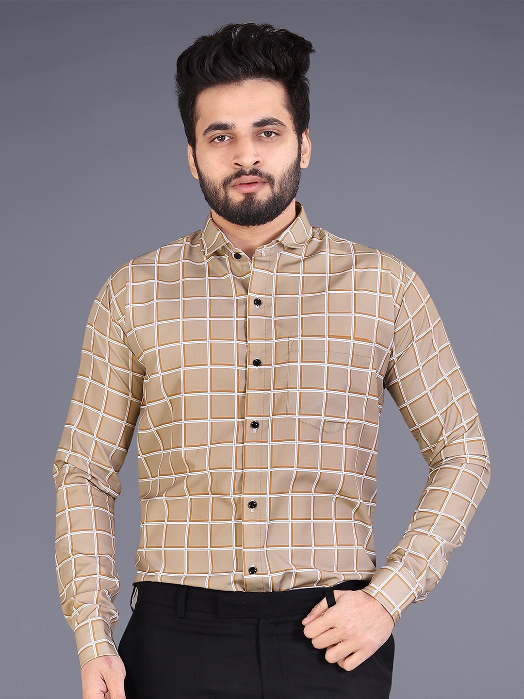 

GETCHI Windowpane Checks Premium Casual Shirt, Beige