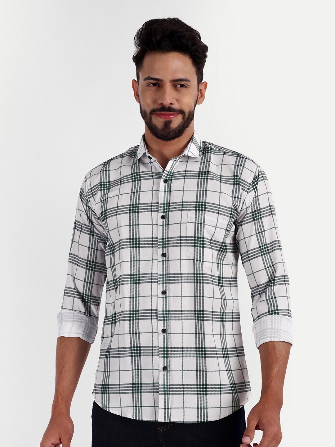 

GETCHI Premium Tartan Checked Spread Collar Casual Shirt, White