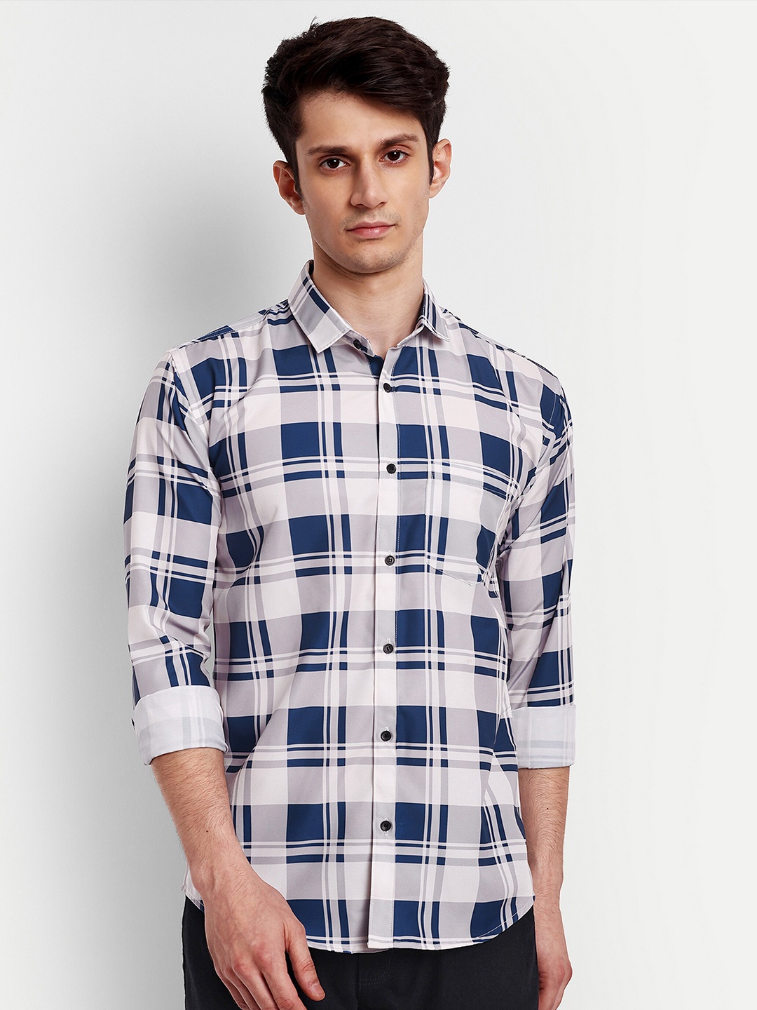 

GETCHI Checked Cutaway Collar Premium Casual Shirt, Navy blue