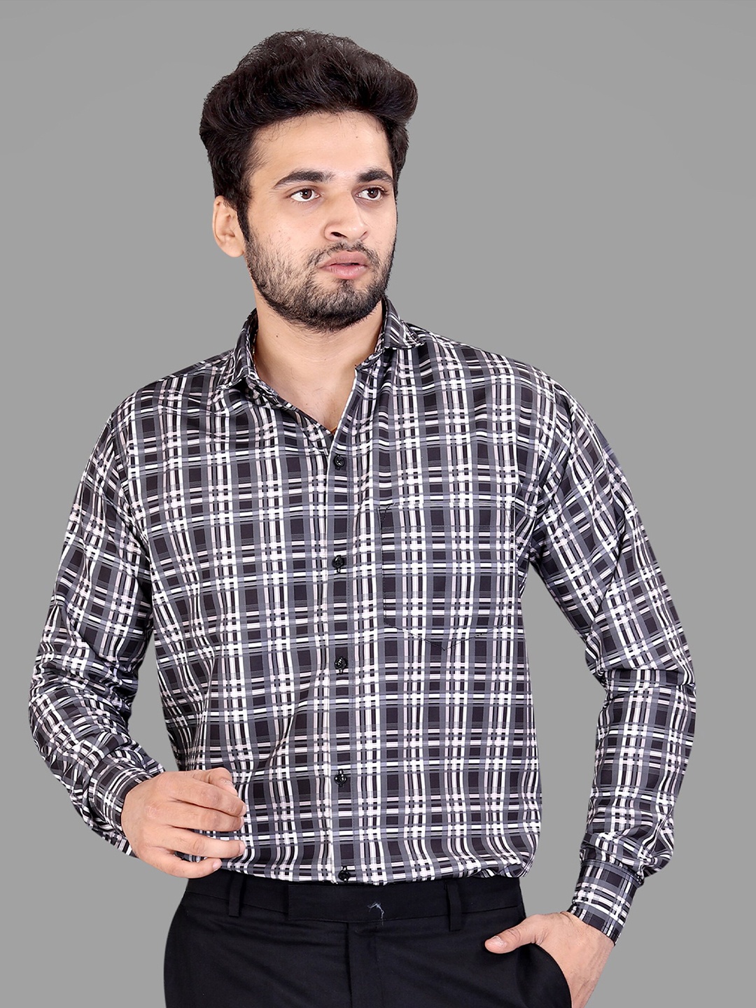 

GETCHI Checked Cutaway Collar Premium Formal Shirt, Black
