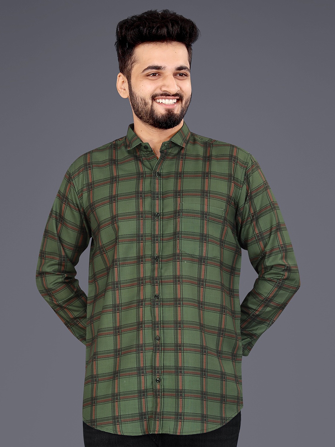 

GETCHI Premium Tartan Checks Opaque Casual Shirt, Green