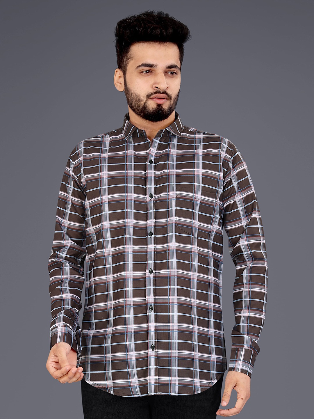 

GETCHI Premium Tartan Checks Opaque Casual Shirt, Brown