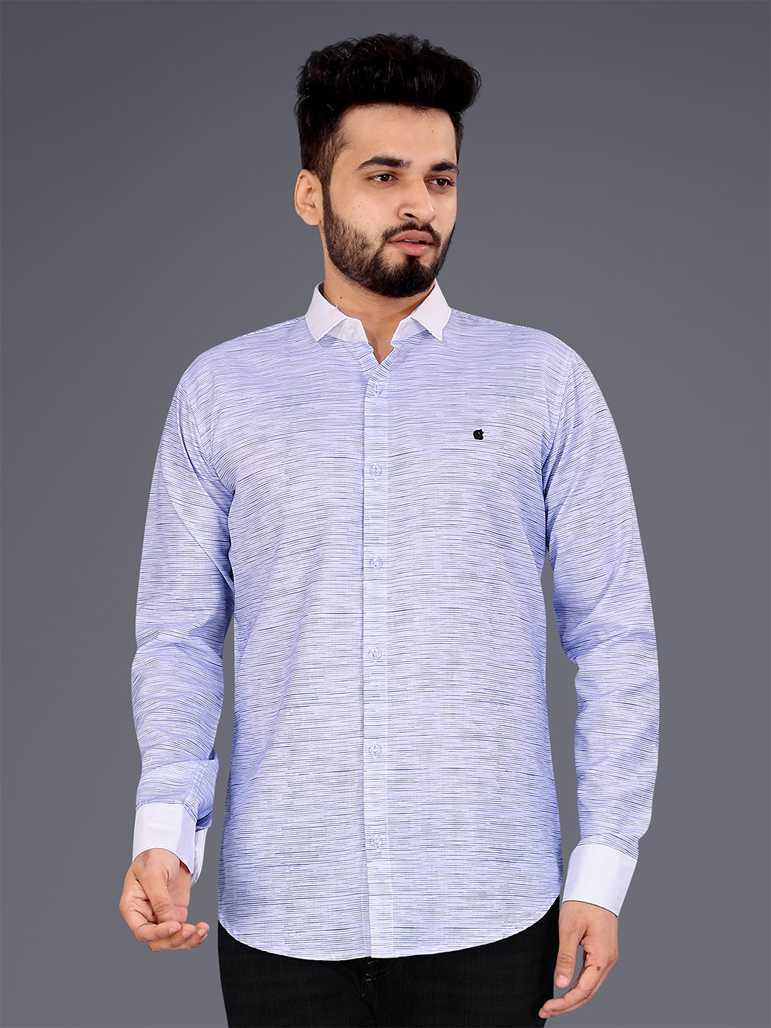 

GETCHI Premium Horizontal Stripes Spread Collar Casual Shirt, Lavender