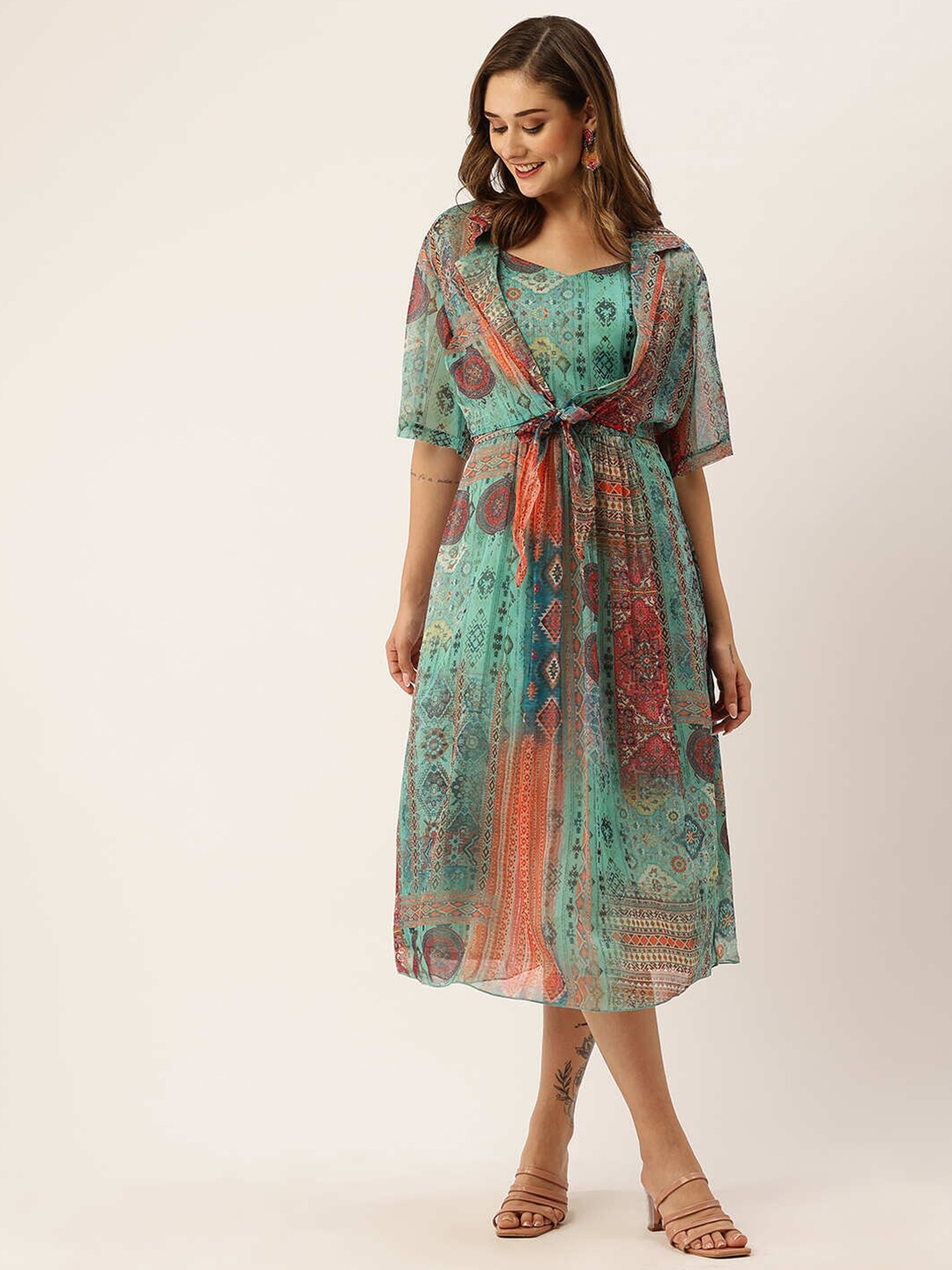 

ZOLA Sea Green Ethnic Motifs Printed A-Line Midi Dress With Jacket