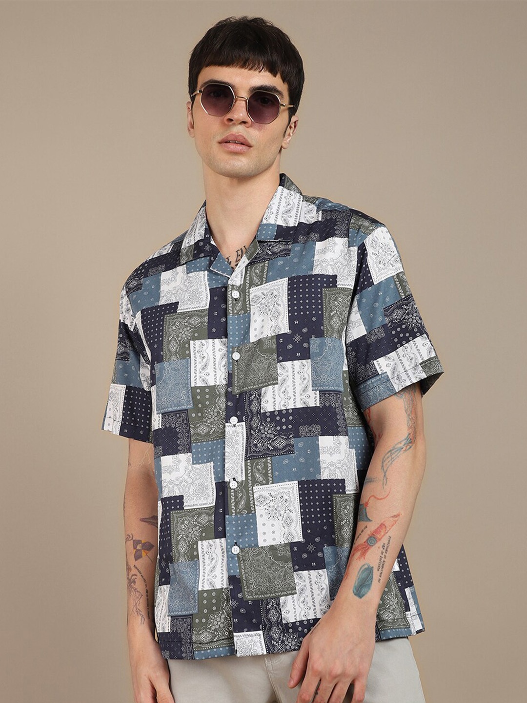 

Dennis Lingo Abstract Printed Cuban Collar Pure Cottton Casual Shirt, White