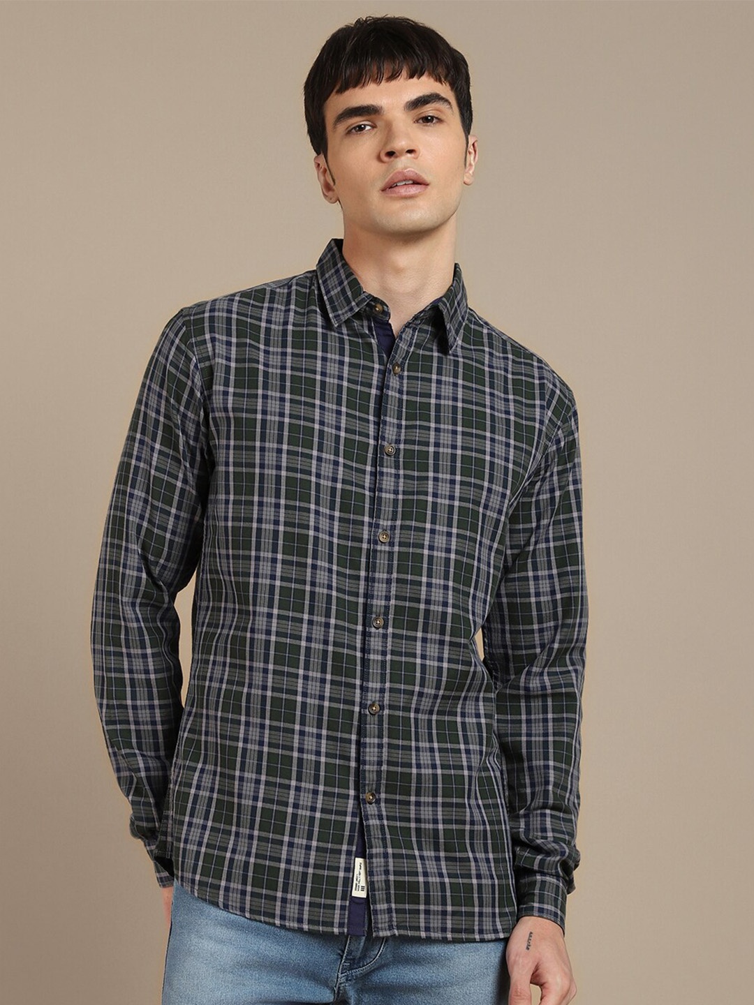 

Dennis Lingo Slim Fit Tartan Checked Pure Cotton Casual Shirt, Olive