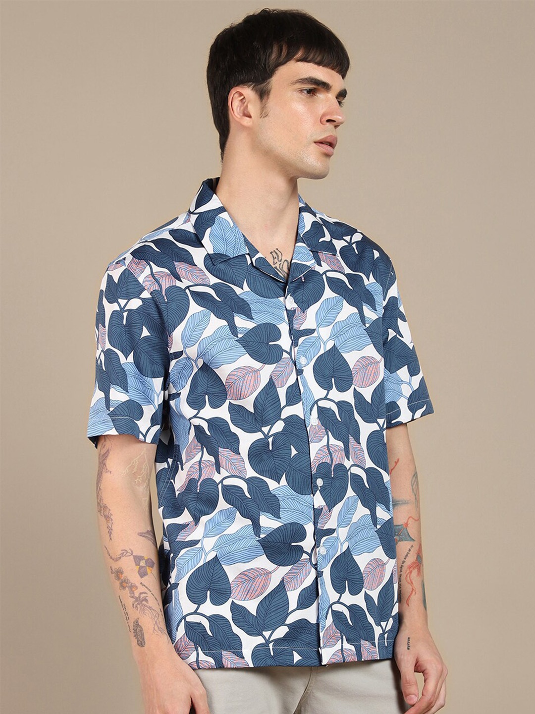 

Dennis Lingo Tropical Printed Cuban Collar Pure Cotton Casual Shirt, Navy blue