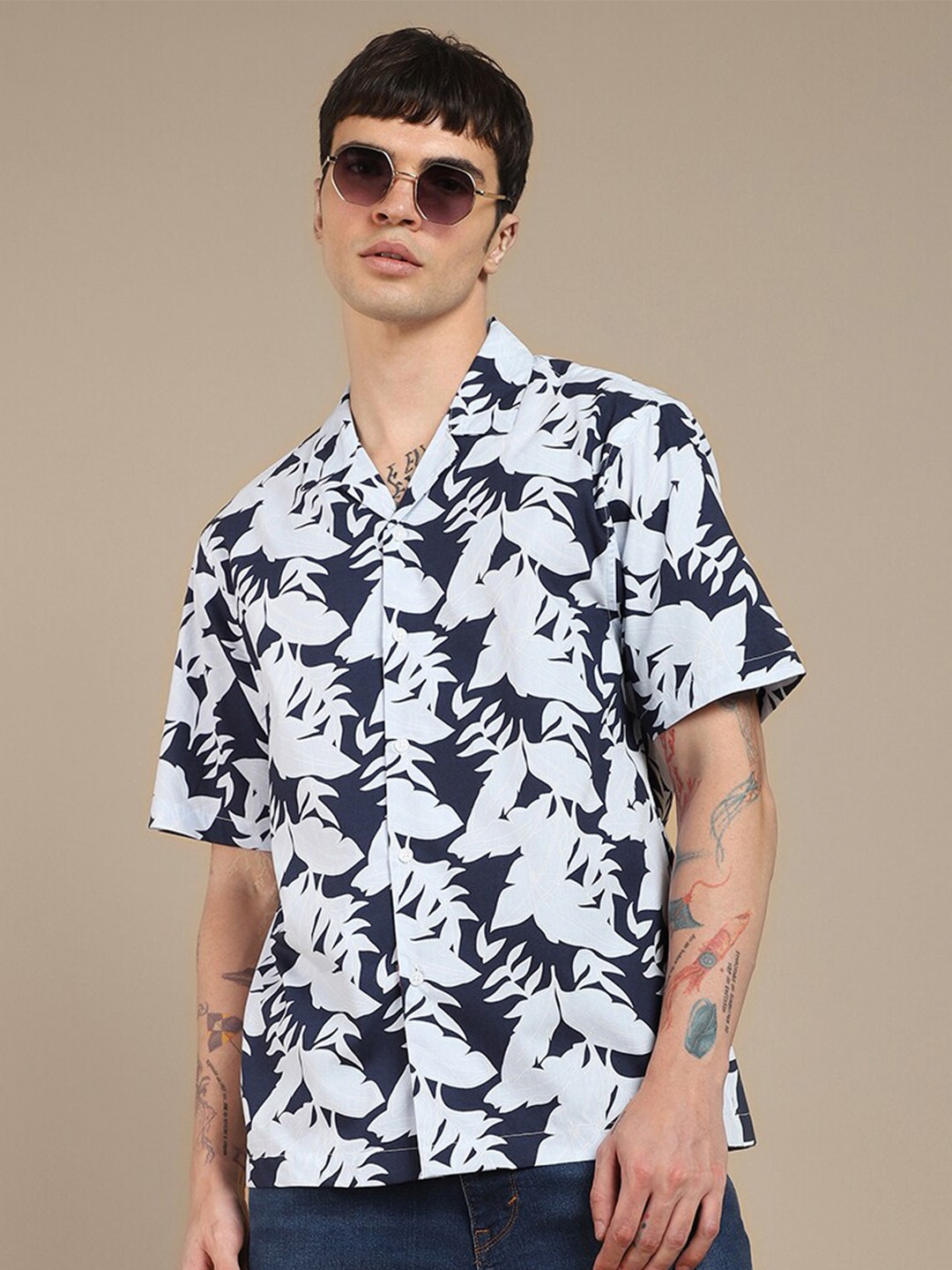 

Dennis Lingo Floral Printed Cuban Collar Pure Cottton Casual Shirt, Navy blue