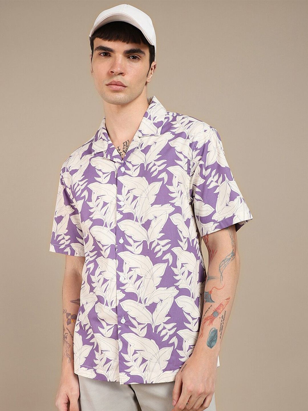 

Dennis Lingo Tropical Printed Cuban Collar Pure Cotton Casual Shirt, Purple