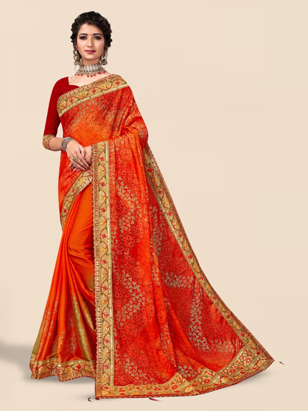 

Mitera Bandhani Printed Sequinned Saree, Orange