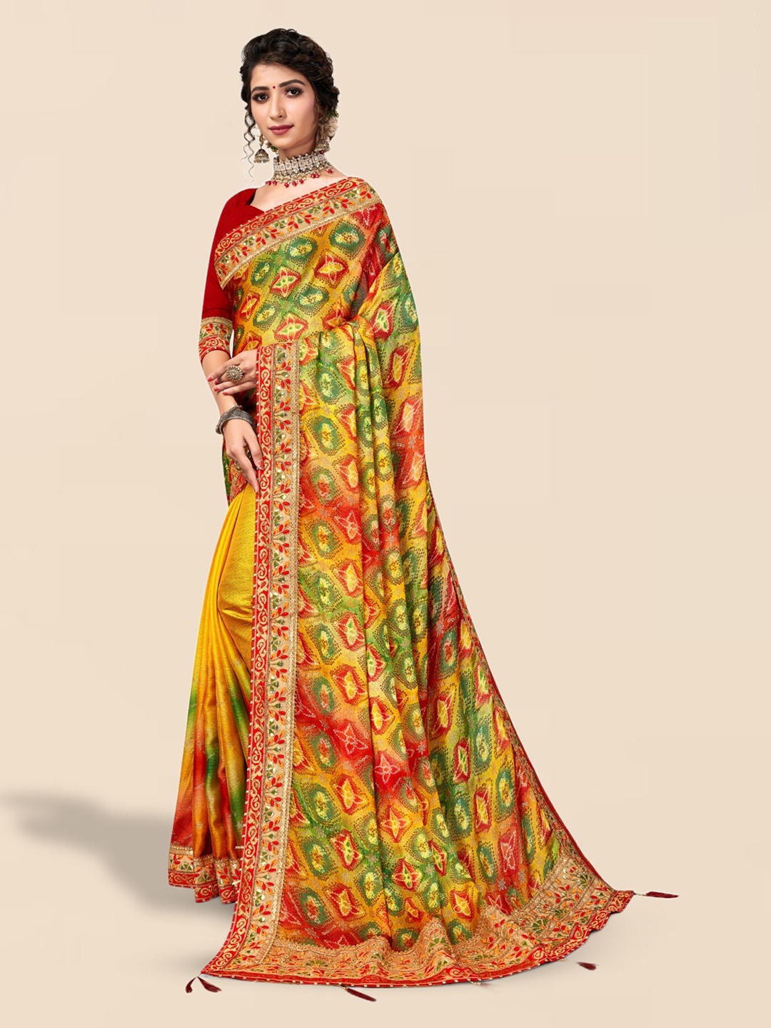 

Mitera Yellow & Green Bandhani Printed Zardozi Saree