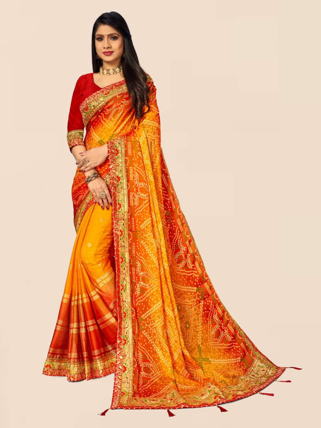 

Mitera Yellow & Red Bandhani Printed Sequinned Saree