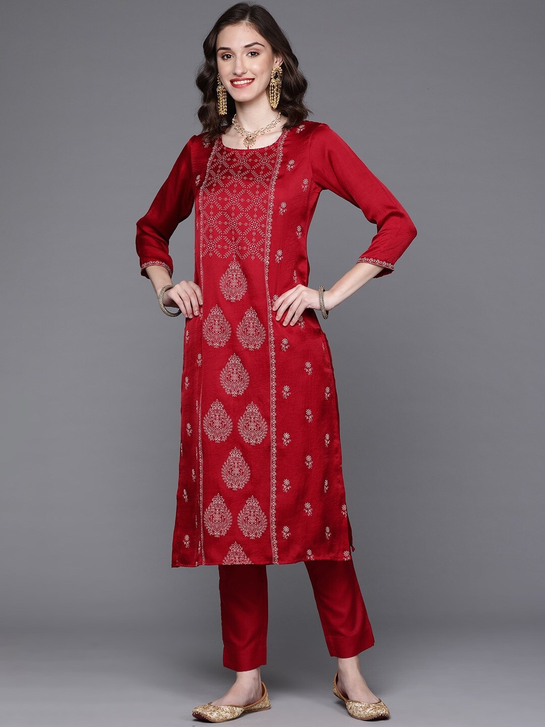 

MASSTANI BY INDDUS Ethnic Motifs Printed Regular Kurta with Trousers, Maroon