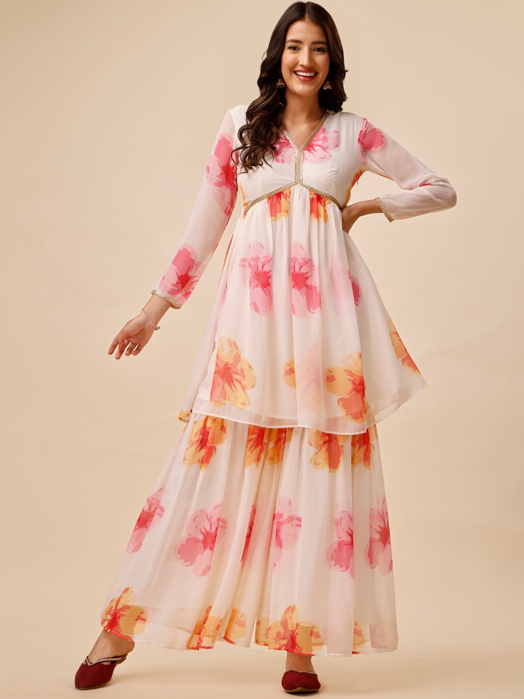 

MASSTANI BY INDDUS Floral Printed V-Neck A-Line Kurta with Sharara, Orange