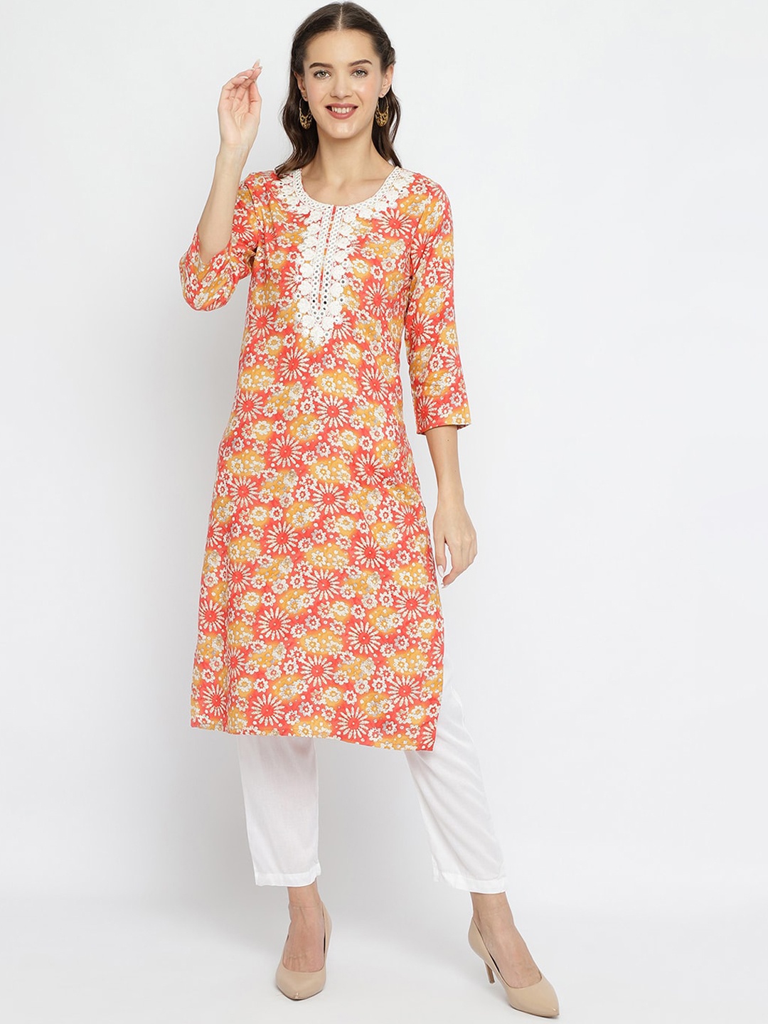

Be Indi Women Round Neck Floral Straight Side Slits Regular Kurta, Orange