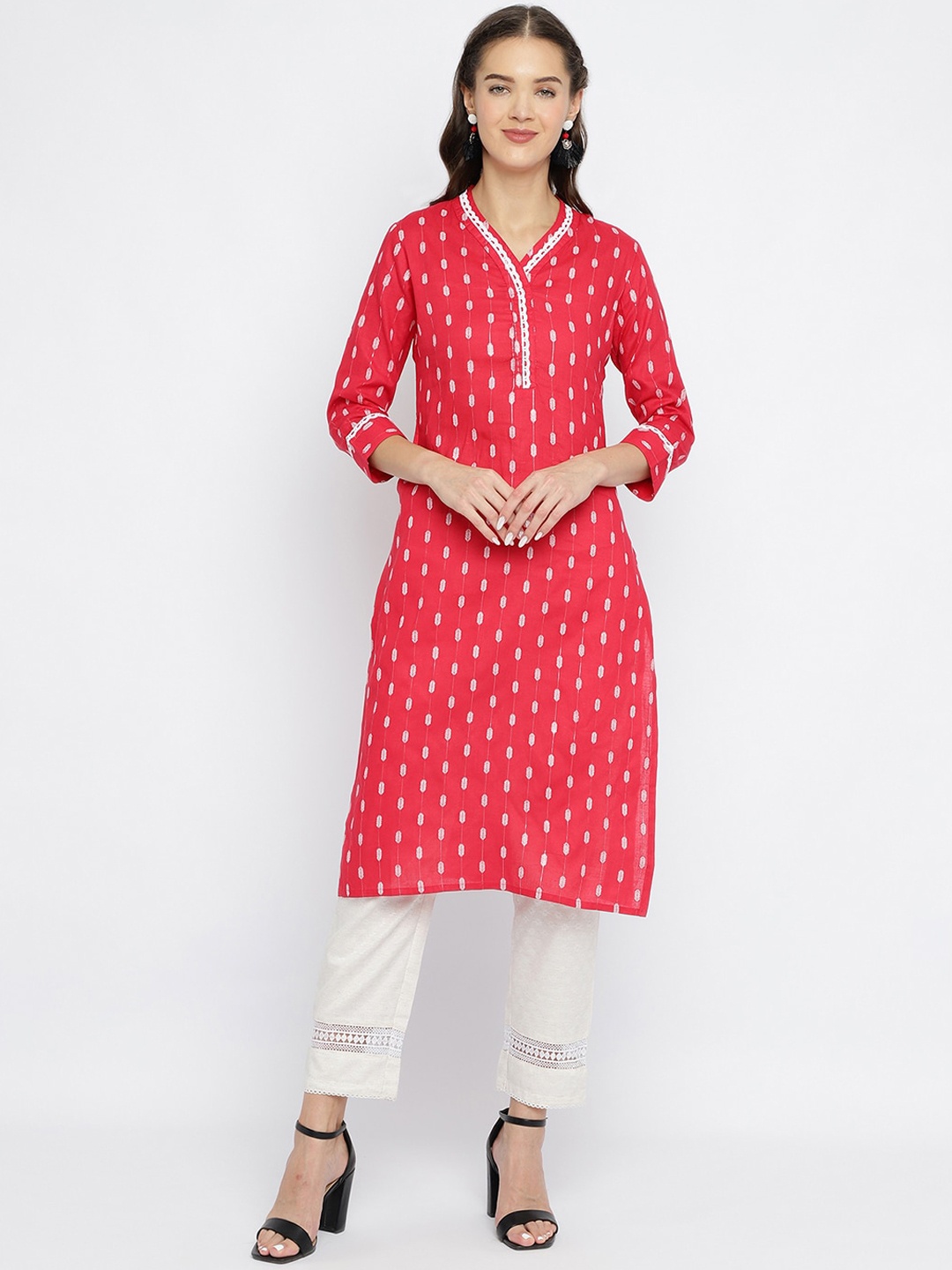 

Be Indi Women V-Neck Ethnic Motifs Straight Side Slits Regular Kurta, Red