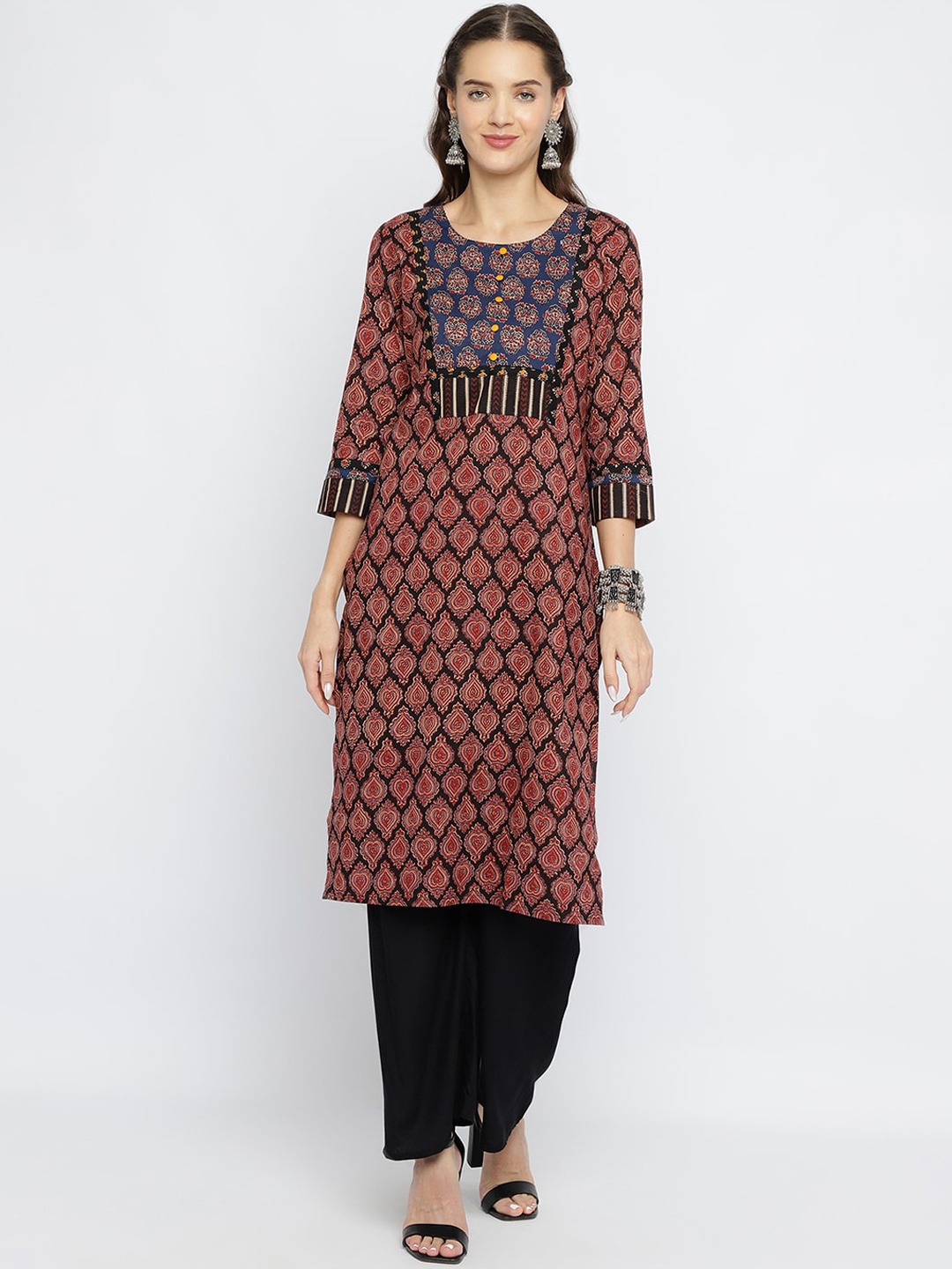 

Be Indi Women Round Neck Ethnic Motifs A-Line Side Slits Regular Kurta, Black