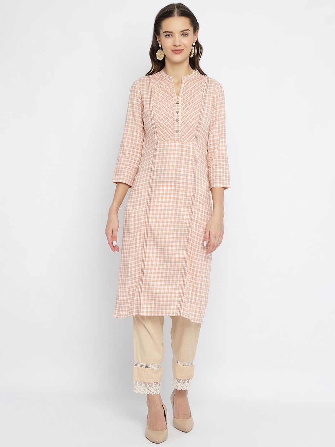 

Be Indi Women Mandarin Collar Striped Straight Side Slits Regular Kurta, Peach