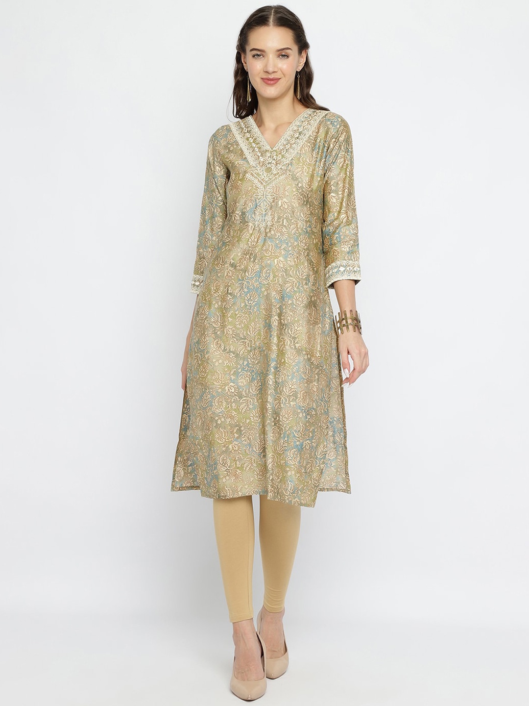 

Be Indi Women V-Neck Ethnic Motifs Straight Silk Side Slits Regular Kurta, Green