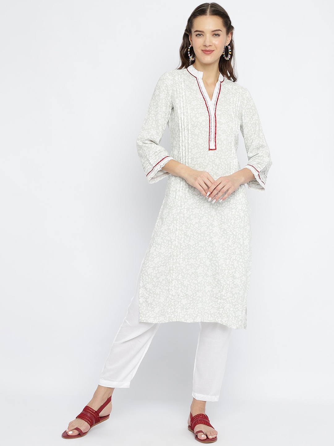 

Be Indi Women Mandarin Collar Floral Straight Side Slits Regular Kurta, White