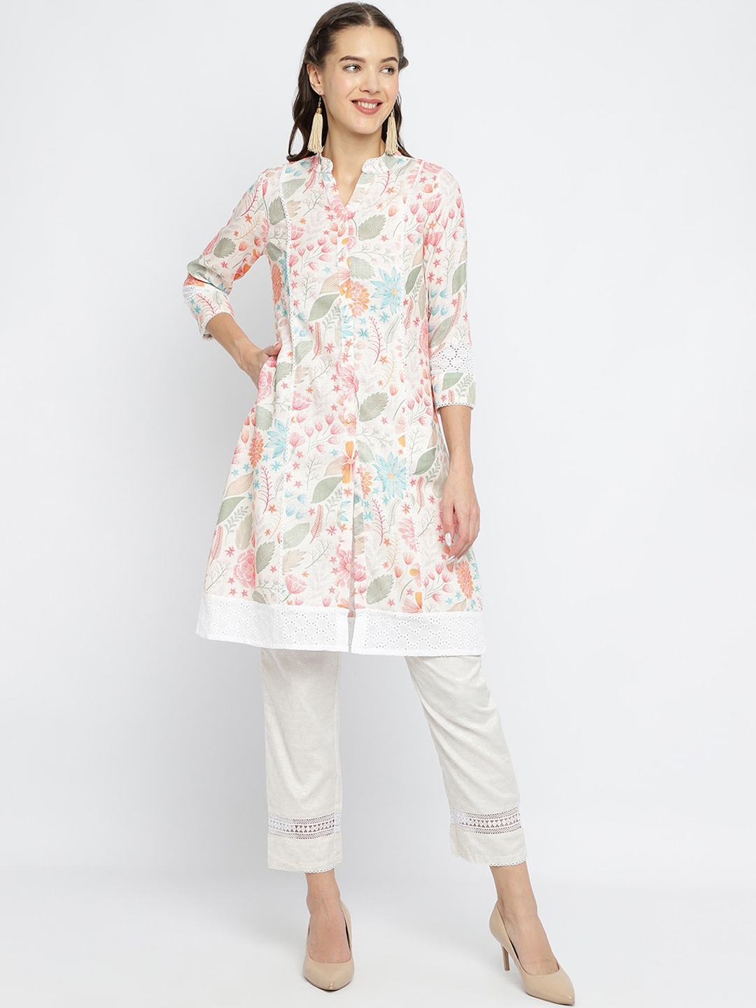 

Be Indi Women Mandarin Collar Floral Pathani Linen Front Slit Regular Kurta, Off white