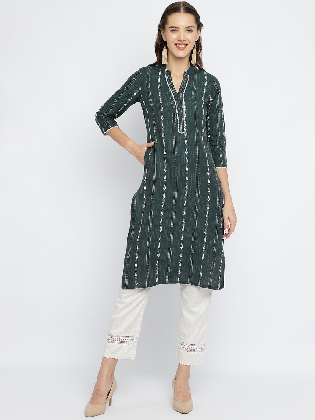 

Be Indi Women Mandarin Collar Ethnic Motifs Straight Side Slits Regular Kurta, Green