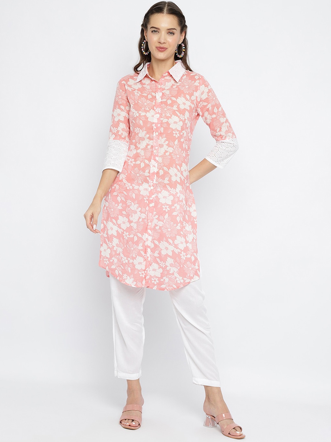 

Be Indi Women Collared Floral Pathani Side Slits Regular Kurta, Coral
