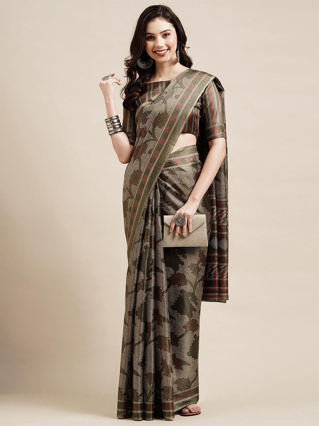 

ODETTE Floral Embroidered Kantha Work Silk Blend Saree, Olive