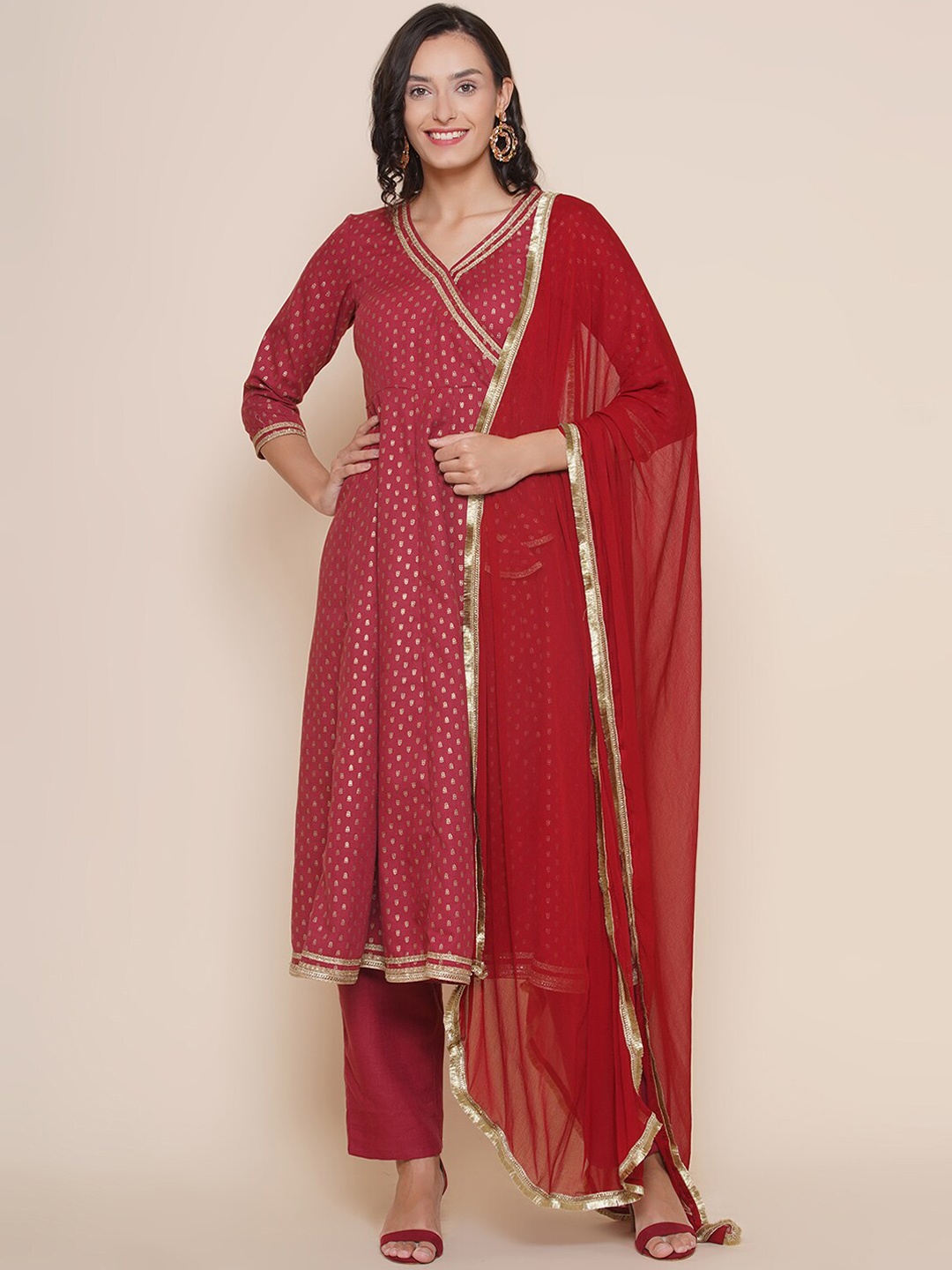 

Bhama Couture Ethnic Motifs Printed Angrakha Gotta Patti Kurta With Trousers & Dupatta, Maroon