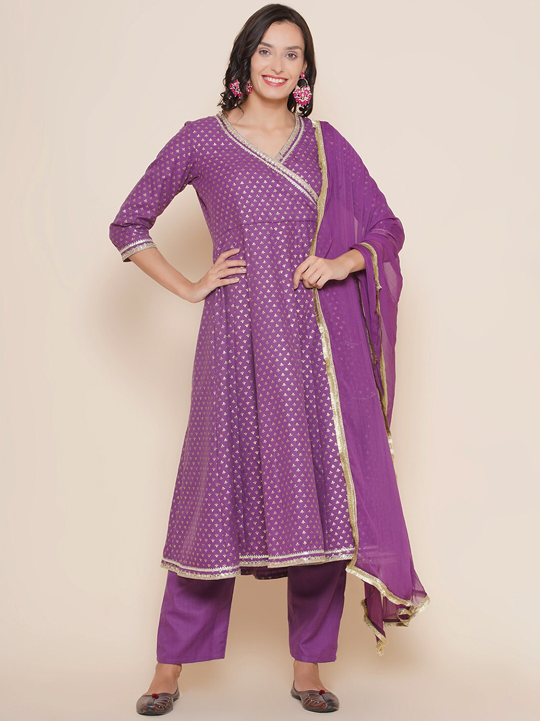 

Bhama Couture Ethnic Motifs Printed Angrakha Gotta Patti Kurta With Trousers & Dupatta, Purple