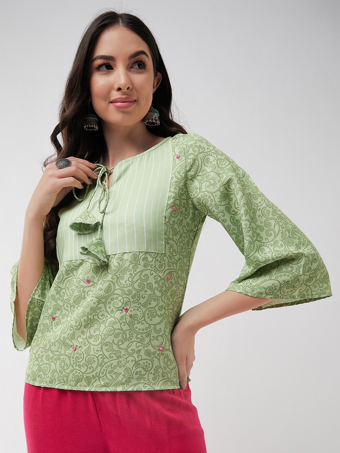 

Pannkh Floral Print Tie-Up Neck Flared Sleeve Top, Green