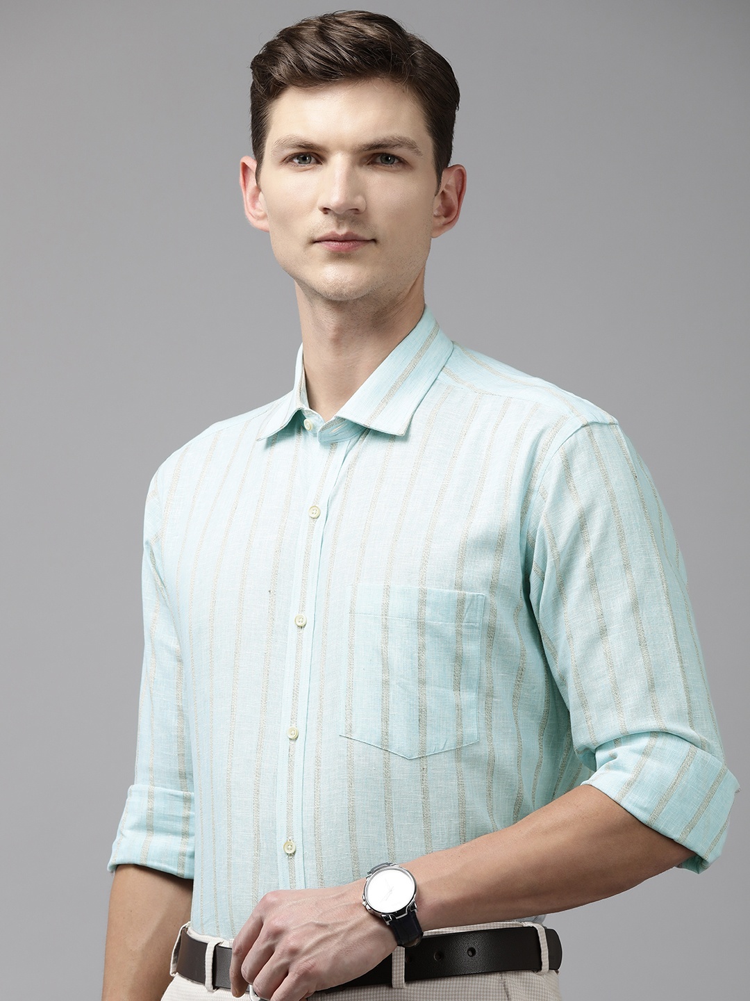 

Park Avenue Men Linen Cotton Slim Fit Striped Formal Shirt, Blue
