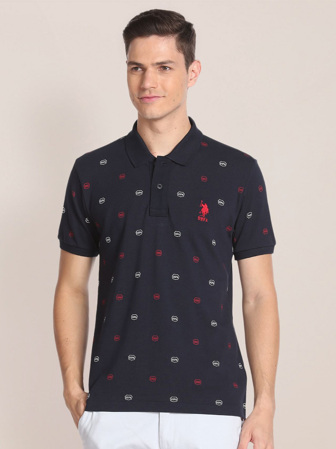 

U.S. Polo Assn. Typography Printed Polo Collar Pure Cotton Slim Fit T-Shirt, Navy blue