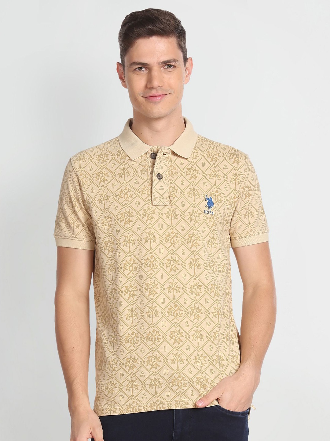 

U.S. Polo Assn. Denim Co. Geometric Printed Polo Collar Pure Cotton Slim Fit T-shirt, Beige