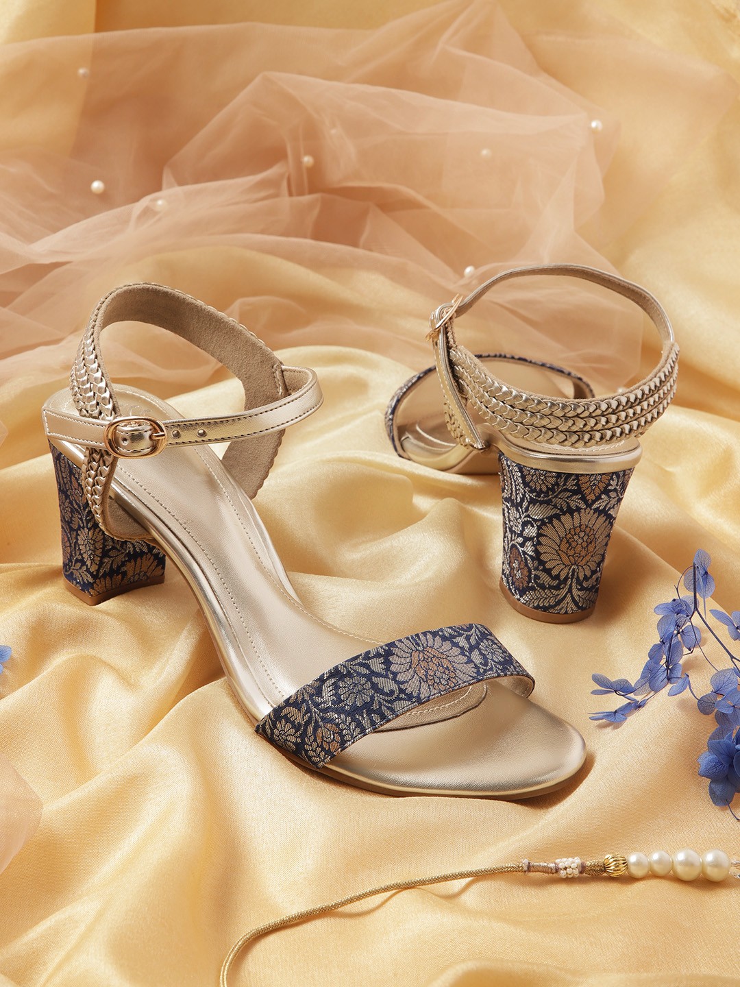 

House of Pataudi Woven Design Ethnic Block Heels, Navy blue